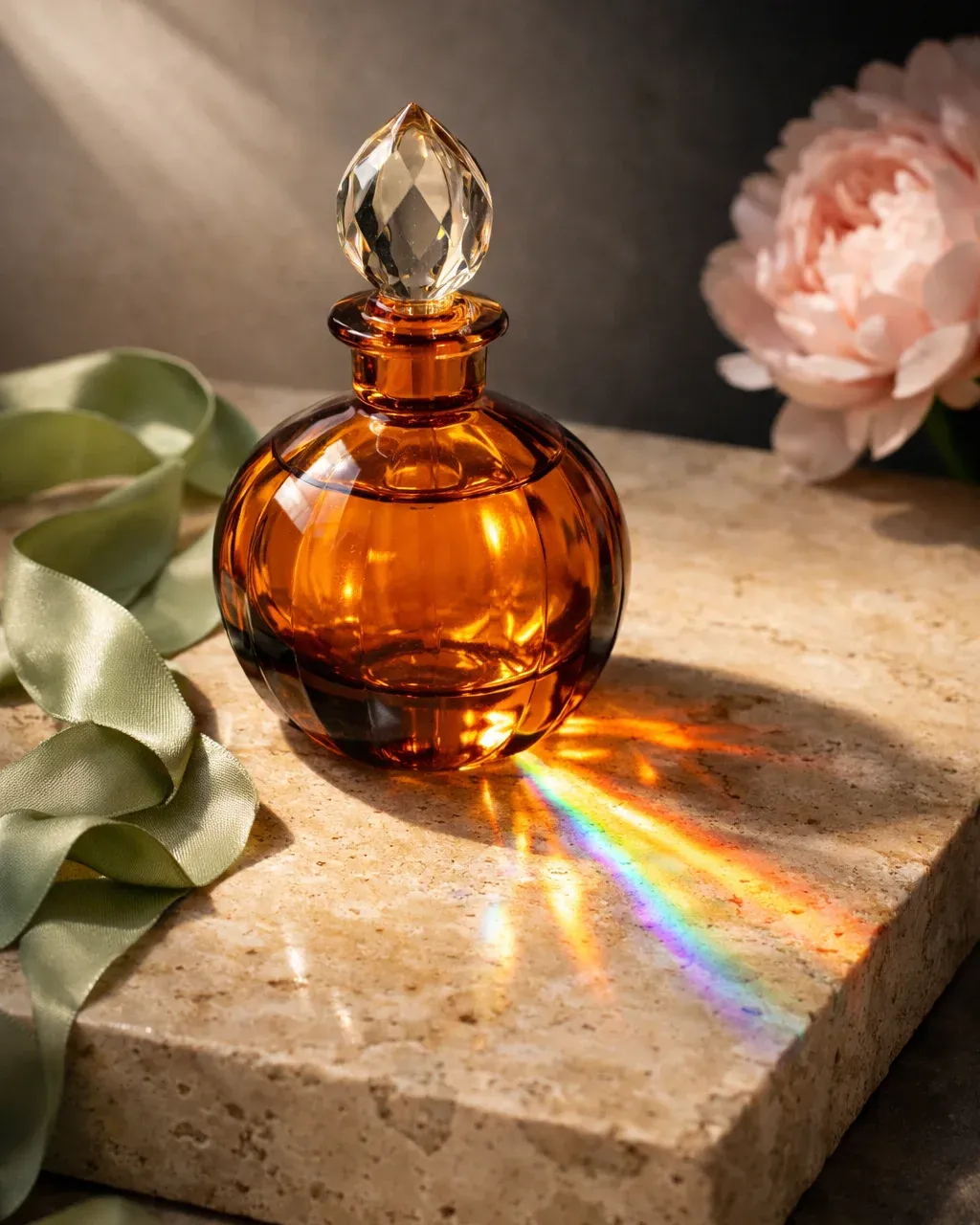 Amber perfume still-life with prismatic light by GPT Image 1.5