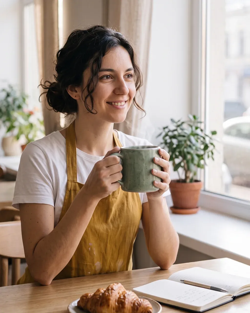 A ceramicist holding a sage mug in a morning café, Nano Banana 2.1