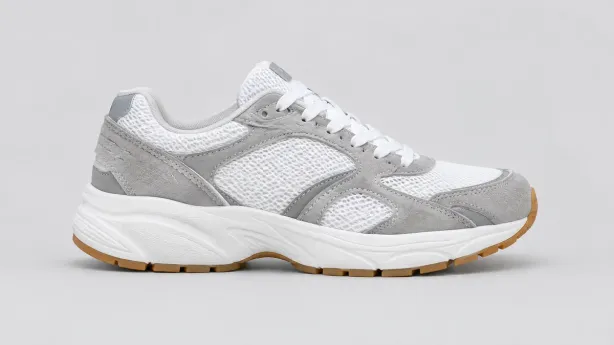 Grey and white running sneaker on a light background, a Flare draft