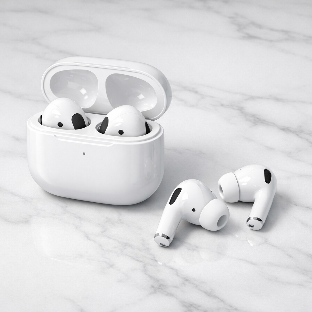 Белые беспроводные наушники на мраморной поверхности