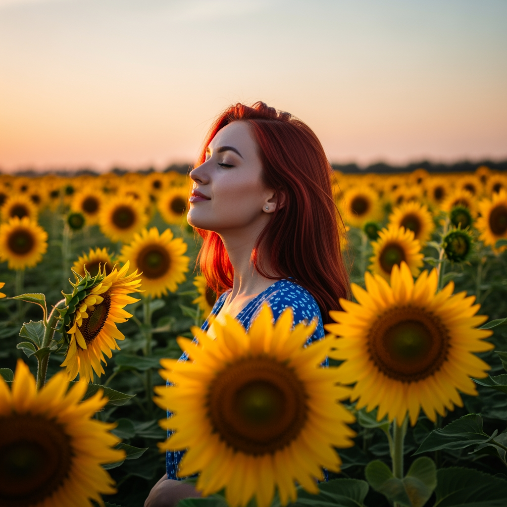 Девушка с рыжими волосами в поле подсолнухов